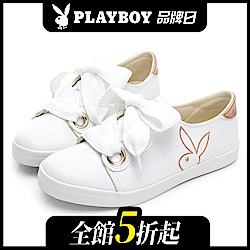 PLAYBOY 軟皮革寬版帶休閒鞋-白-Y570211