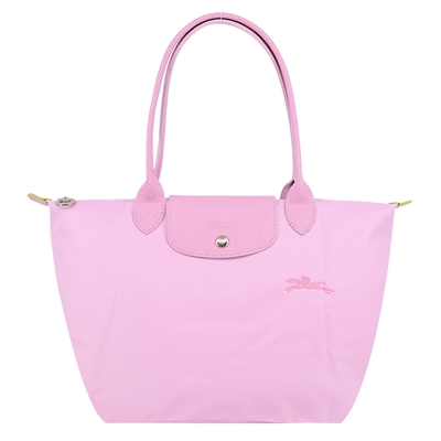 LONGCHAMP LE PLIAGE GREEN系列刺繡長把再生尼龍摺疊水餃包(中/粉紅)