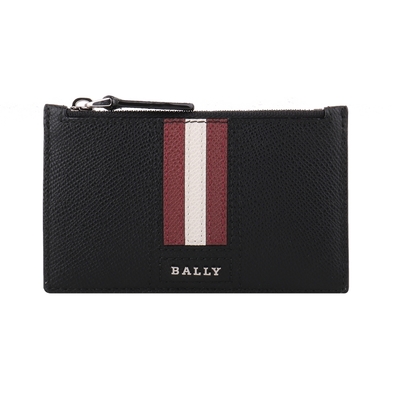 BALLY Tenley 紅白條紋防刮牛皮拉鍊卡片夾/零錢包(黑)
