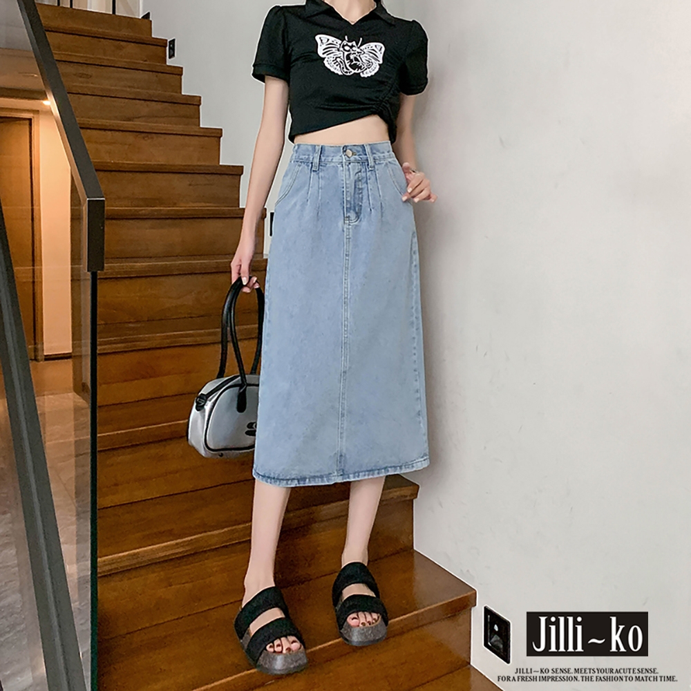 JILLI-KO 後開衩半鬆緊高腰牛仔半身裙 - 藍色