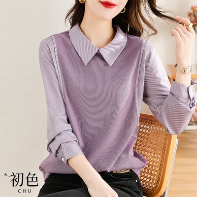 初色 條紋都市時髦假兩件襯衫上衣-紫色-63580(M-2XL可選)