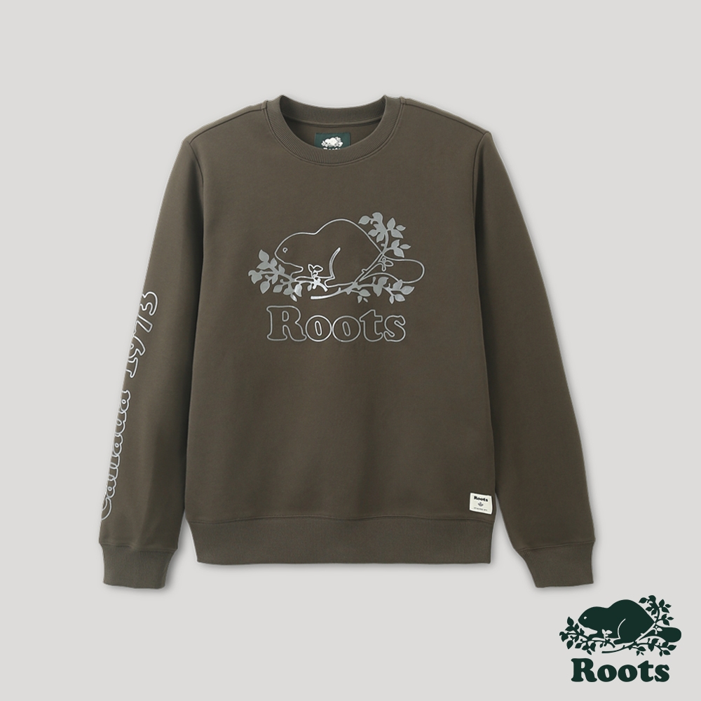 Roots 男裝- 炫光系列 金屬海狸LOGO雙面布圓領上衣-黑橄欖色