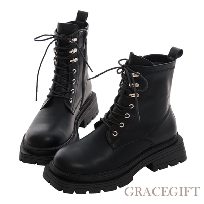 【Grace Gift】歐美時髦方頭鋸齒綁帶靴 黑
