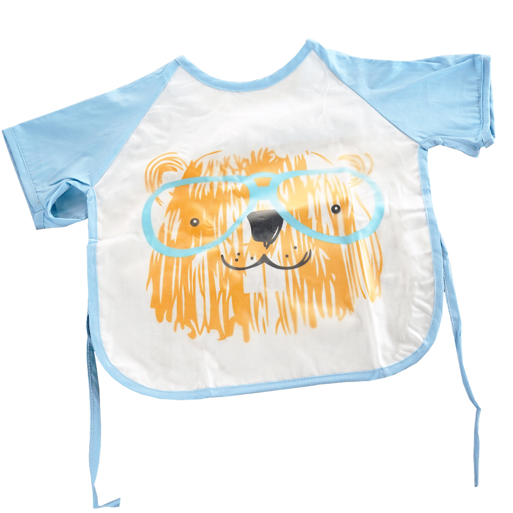 QBabe 塗鴉短袖防水畫畫吃飯寶寶罩衣-藍色小熊