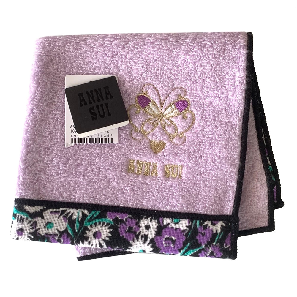 ANNA SUI 品牌字母愛心蝴蝶LOGO金色刺繡小方巾(粉紫色系)