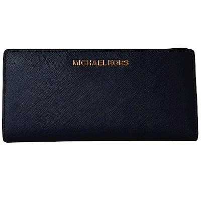 MICHAEL KORS JET SET TRAVEL金字LOGO素面防刮皮對開式長夾-藍