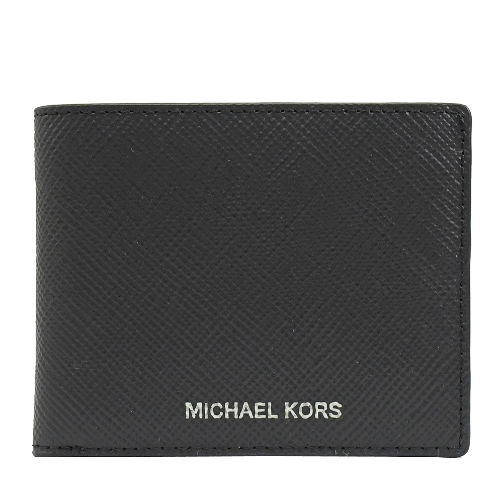 MICHAEL KORS HARRISON 烙印LOGO對開防刮八卡短夾(黑)