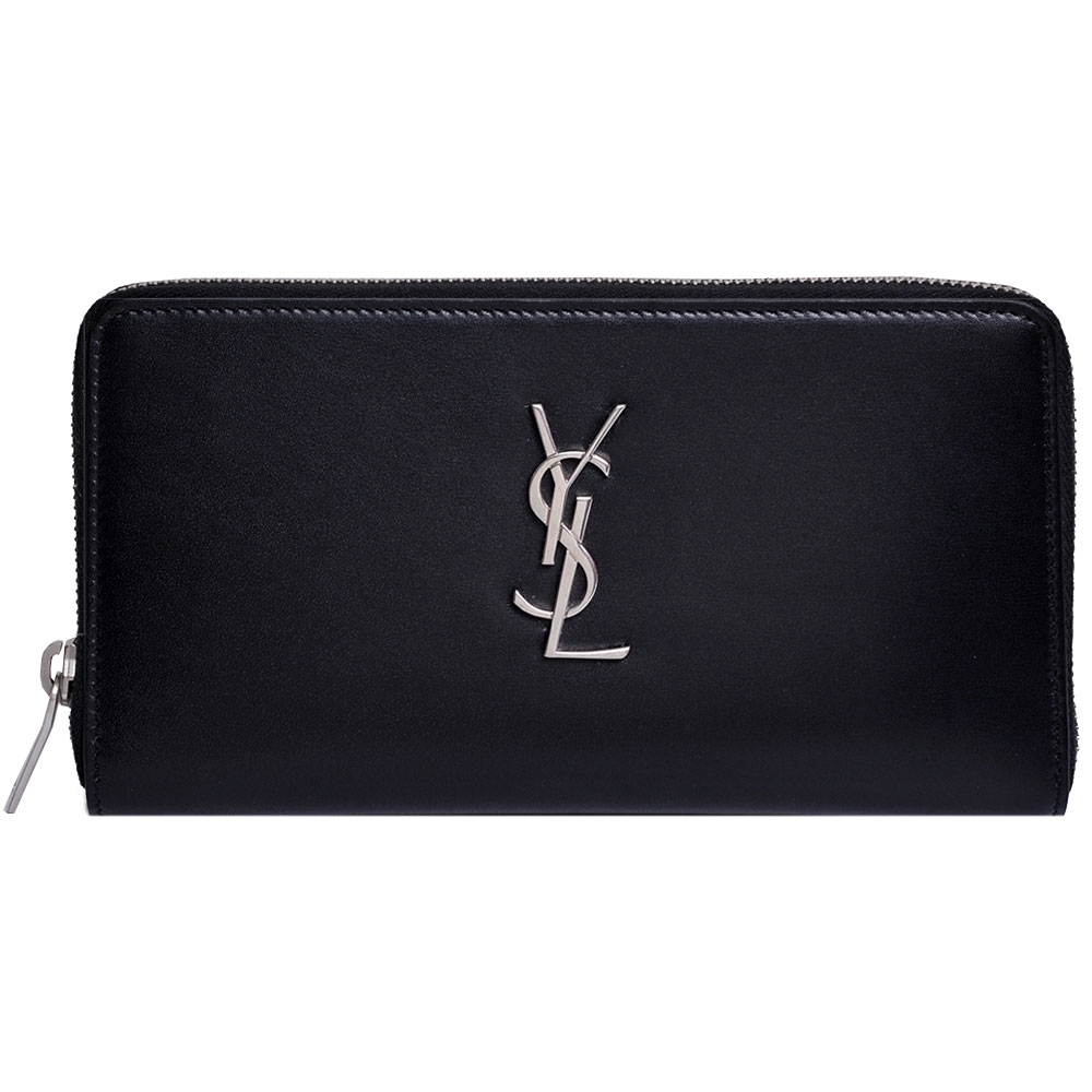 YSL Saint Laurent 經典銀色品牌字母YSL牛皮拉鍊機能長夾 (黑色)