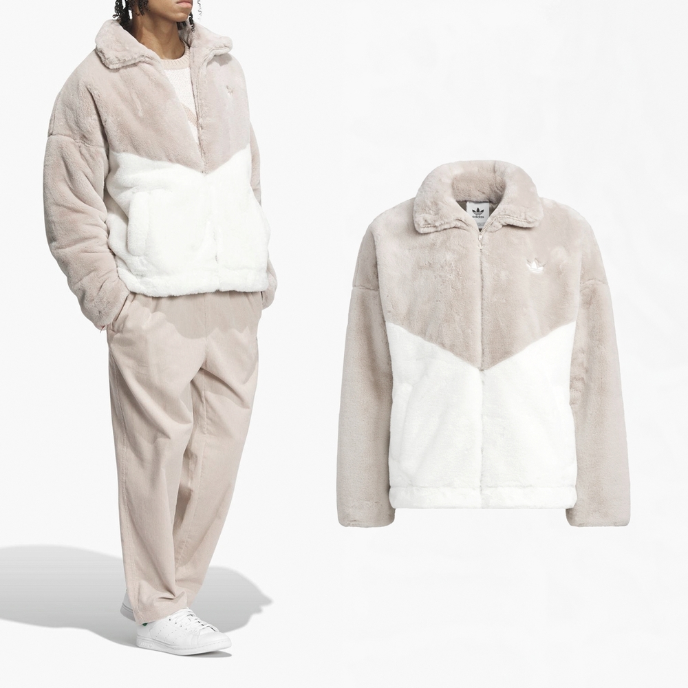 adidas 外套 Fur Logo Jacket 男女款 米白 保暖 毛毛外套 立領 開襟 三葉草 愛迪達 IN0982