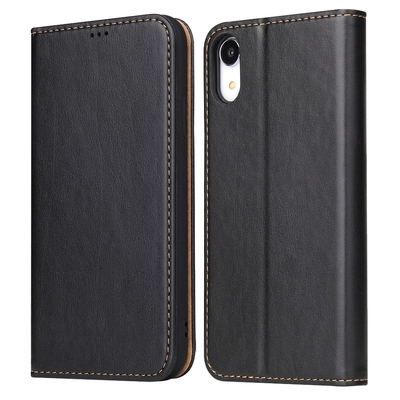 Fierre Shann 真皮紋 iPhone XR (6.1吋) 錢包支架款 磁吸側掀 手工PU皮套保護殼