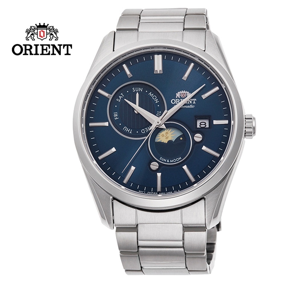 ORIENT 東方錶 SUN&MOON系列 日月相錶 鋼帶款 藍面 RA-AK0303L - 41.5 mm