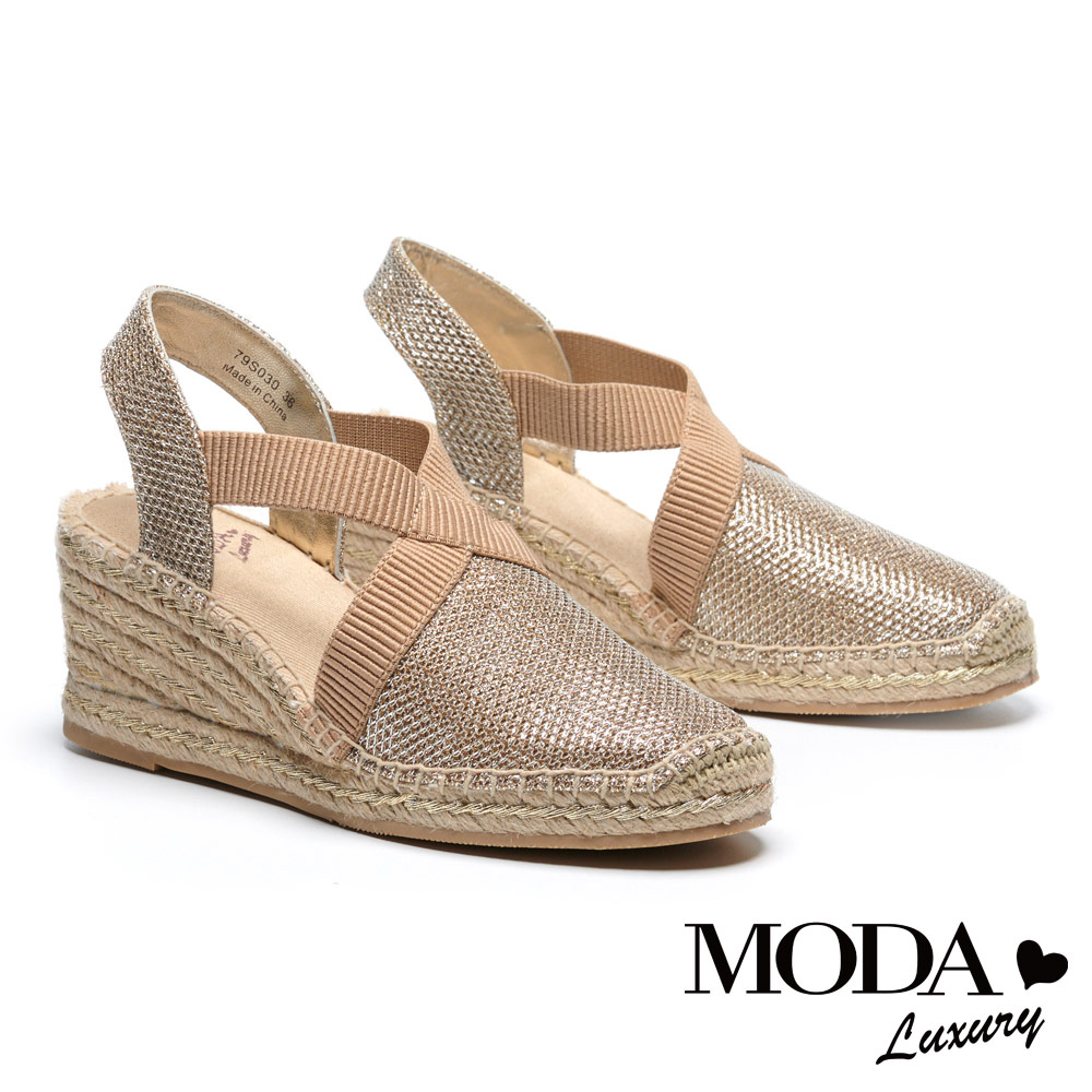 涼鞋 MODA Luxury 閃亮渡假風交叉帶草編厚底楔型涼鞋－金