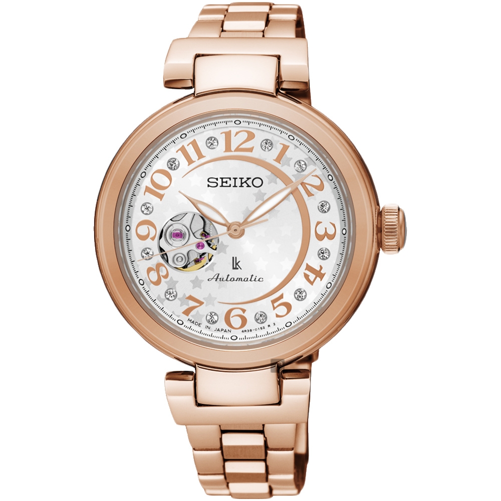 SEIKO 精工 LUKIA 星月鏤空機械女錶-銀x玫塊金/34mm (SSA826J1/4R38-01L0K)