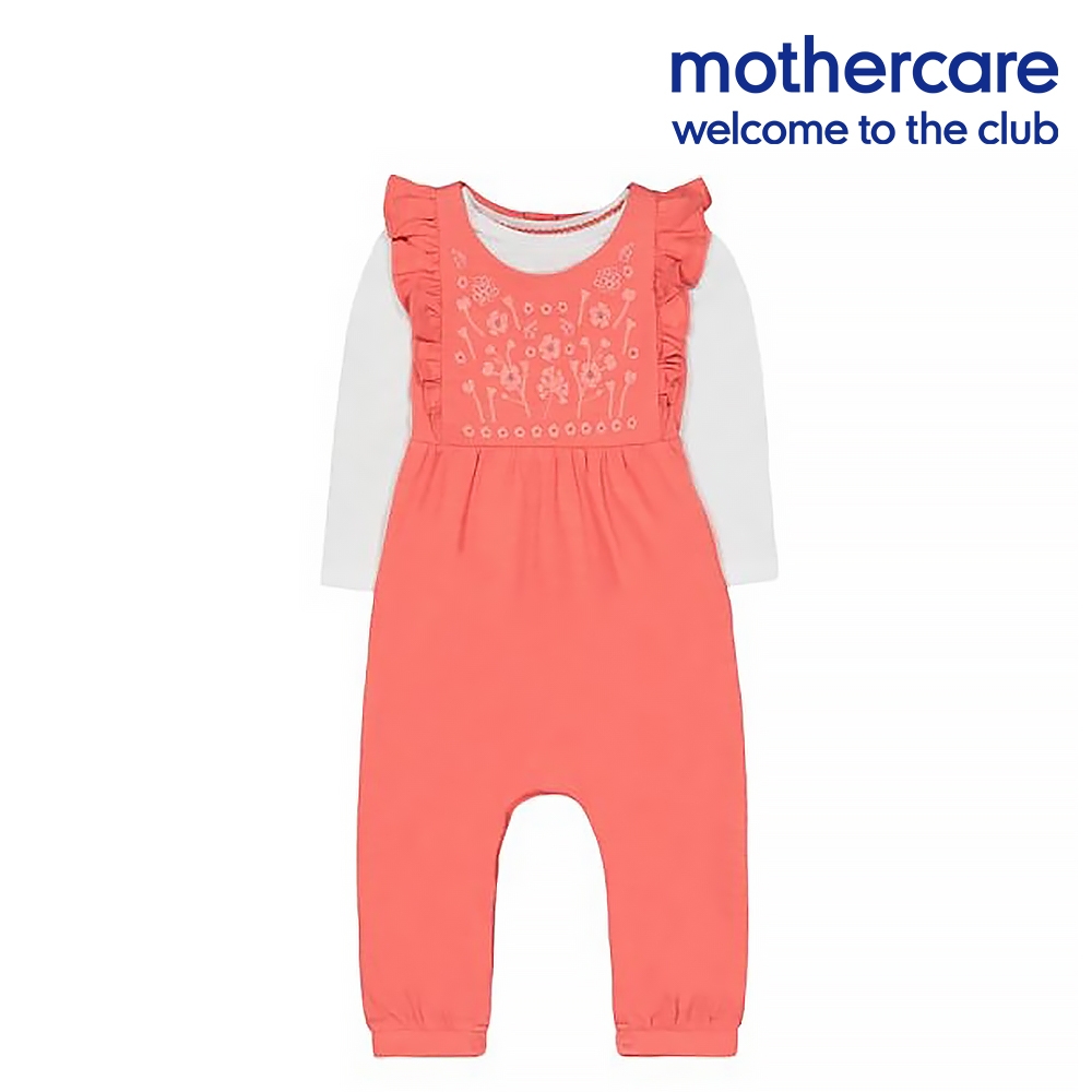 mothercare 專櫃童裝 珊瑚橘吊帶長褲+白色長袖T恤 (4-6歲)