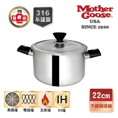 【美國MotherGoose鵝媽媽 】醫療級316不鏽鋼 比爾IH導磁複合金雙耳湯鍋22cm