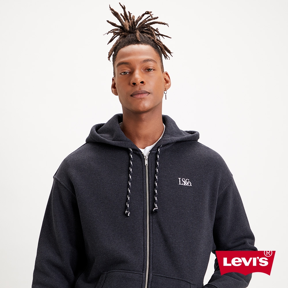 Levis 男款 頂級重磅連帽外套 簡約刺繡Logo 600GSM厚棉 曜石黑