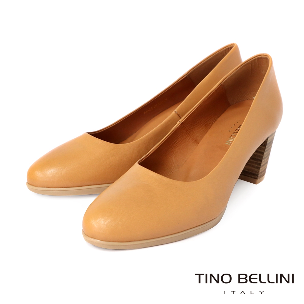 Tino Bellini 西班牙進口復古知性牛皮圓頭粗跟鞋_駝