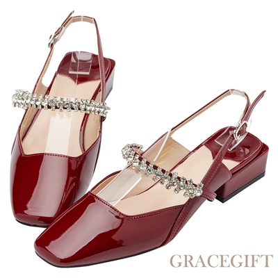 【Grace Gift】燦爛水鑽方頭後空中跟鞋 紅漆
