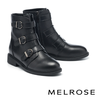 短靴 MELROSE 美樂斯 率性沉穩純色三寬帶牛皮低跟短靴－黑