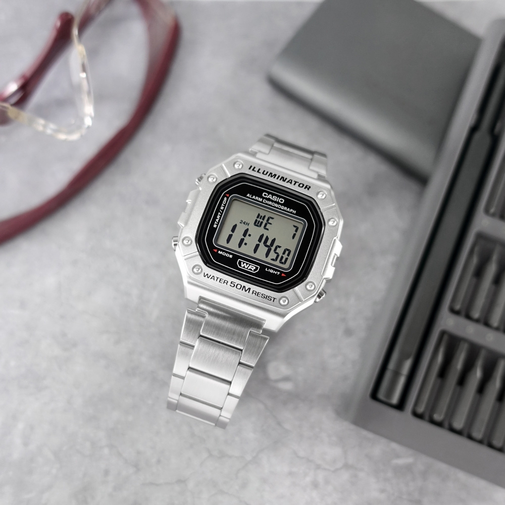CASIO 卡西歐 /  復古方型 計時碼錶 LED照明 鬧鈴 電子 不鏽鋼手錶-黑色/42mm
