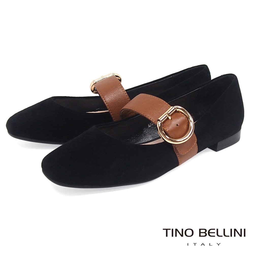 Tino Bellini素色麂皮寬帶小方頭瑪麗珍鞋_黑