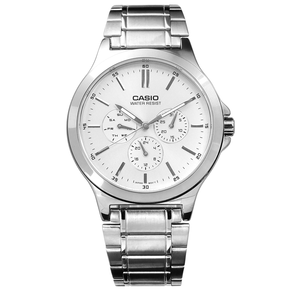 CASIO 卡西歐 簡約 三眼三針日期 防水 不鏽鋼手錶 銀色 MTP-V300D-7A 40mm