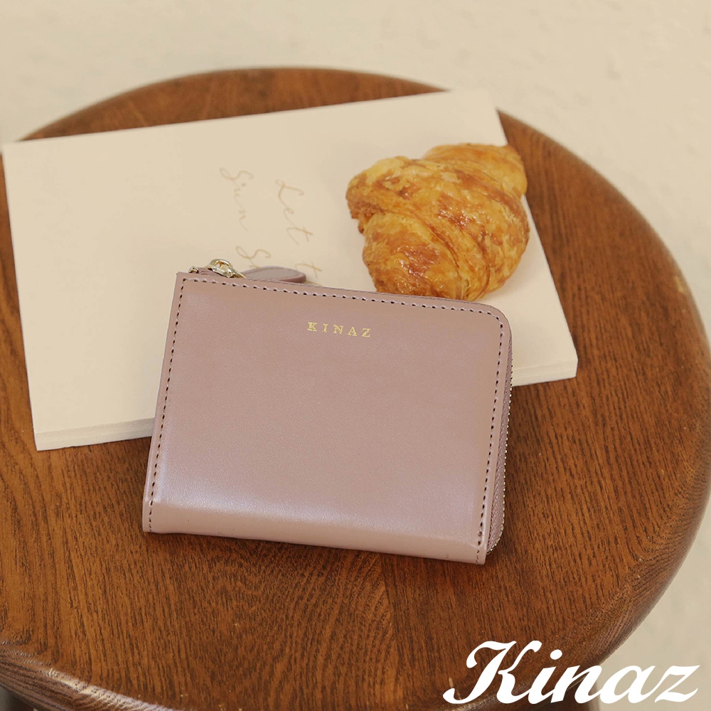 KINAZ 牛皮三卡片層分層零錢包-絲裸粉-馬賽克系列