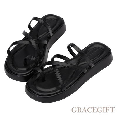 【Grace Gift】圓頭交叉套趾涼鞋 黑