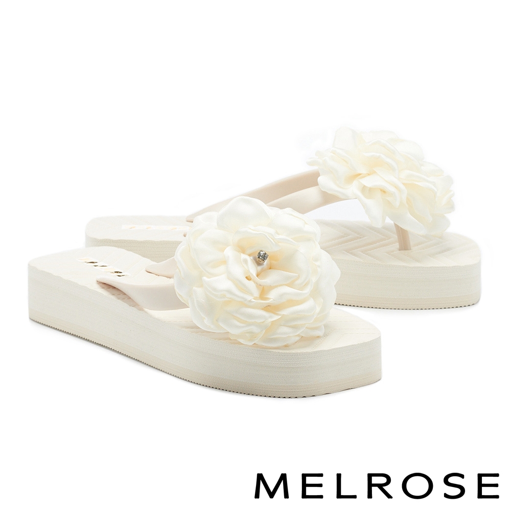 拖鞋 MELROSE 典雅百搭花朵造型厚底夾腳拖鞋－米白