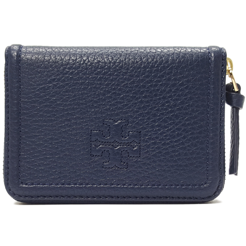 TORY BURCH THEA 經典LOGO牛皮拉鍊零錢包-深藍色