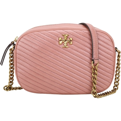 TORY BURCH Kira Moto 小牛皮衍縫斜紋鍊帶相機包(粉色)