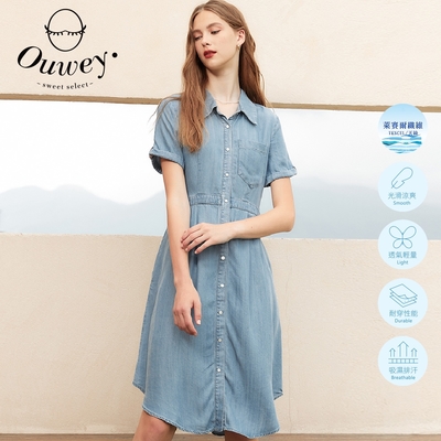 OUWEY歐薇 萊賽爾牛仔排釦造型連身洋裝(藍色；S-L)3222328726