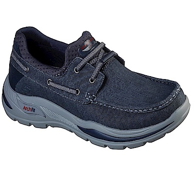 Skechers Arch Fit Motley [204180NVY] 男 休閒鞋 套入款 馬克縫 帆船鞋 帆布 深藍