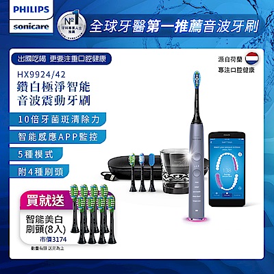 【Philips 飛利浦】鑽石靚白智能音波震動牙刷/電動牙刷HX9924/42(絢光銀)+送8刷