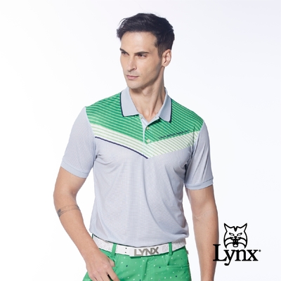 【Lynx Golf】男款涼感舒適合身版Mesh透氣半身簡約線條短袖POLO衫/高爾夫球衫-淺灰色