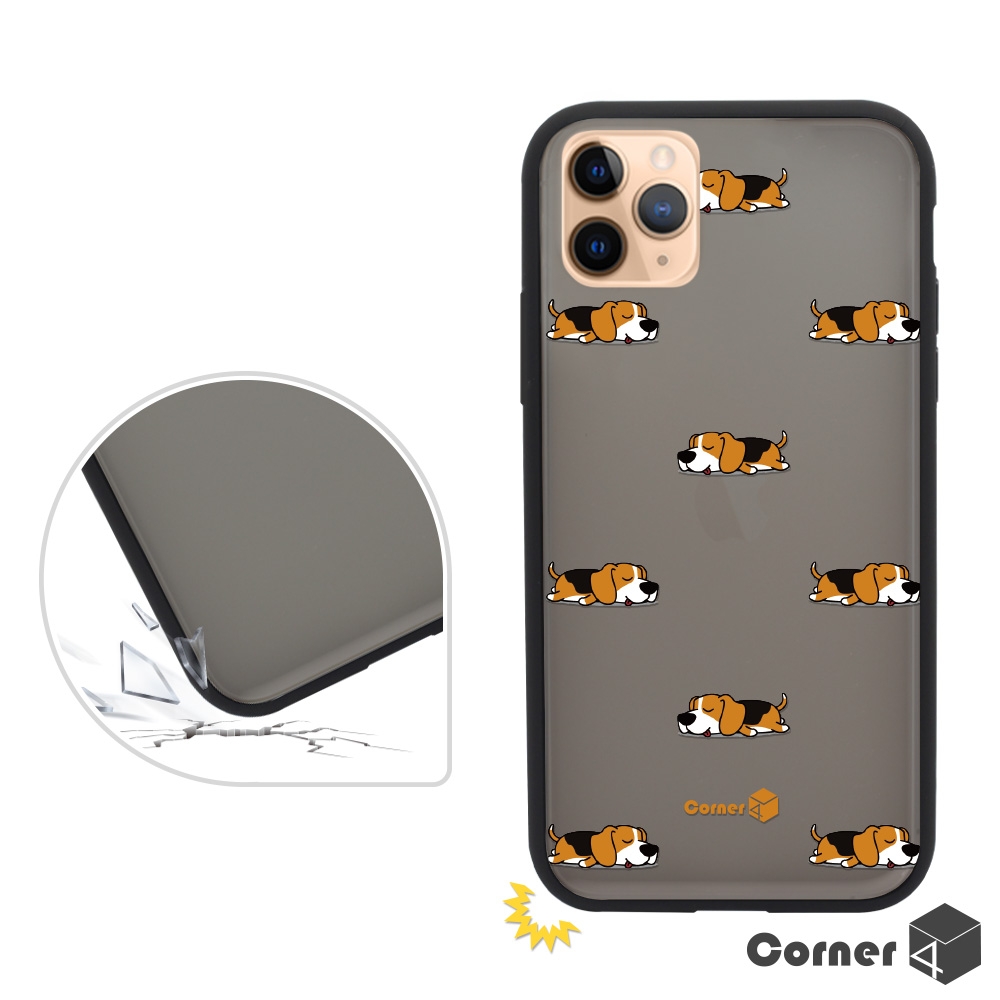 Corner4 iPhone 11 Pro Max 6.5吋柔滑觸感軍規防摔手機殼-米格魯懶洋洋(黑殼)