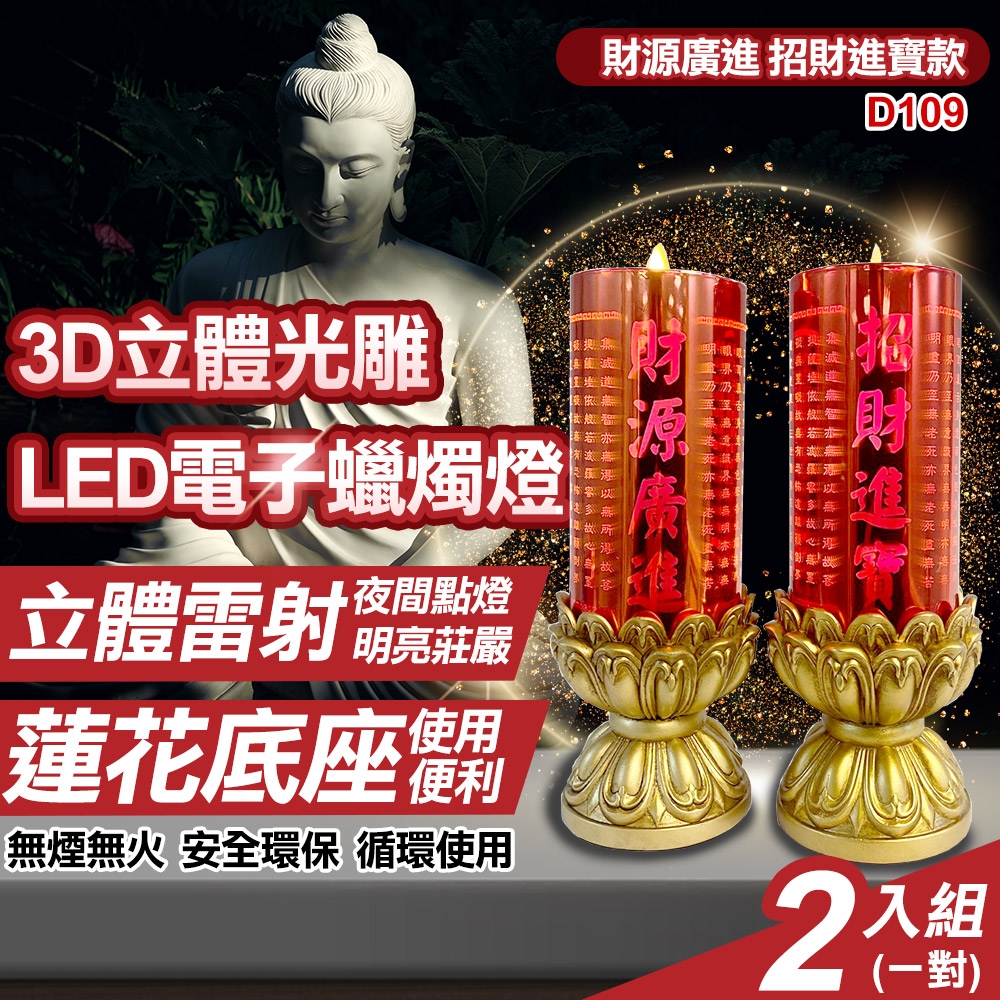 【UP101】財源廣進招財進寶立體光雕LED電子蠟燭兩入組(D109)