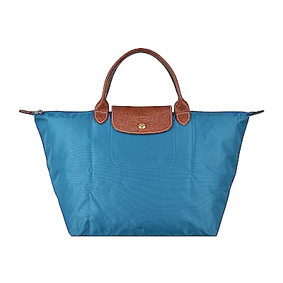 LONGCHAMP LE PLIAGE壓印LOGO短提把尼龍摺疊拉鍊手提包(中/孔雀藍)