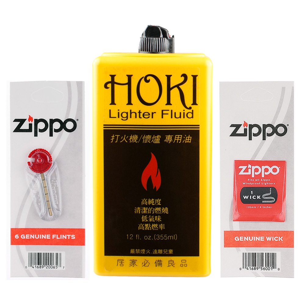 HOKI】355ml打火機專用油+ZIPPO打火石棉芯-3樣合購(ZIPPO可用)(非便宜