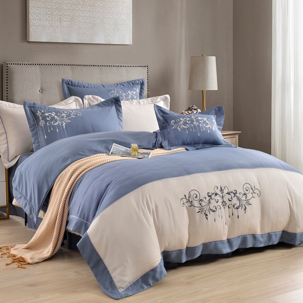 織眠家族 40支萊賽爾 緹花設計 兩用被床包組-典藏緹花-藍(特大)