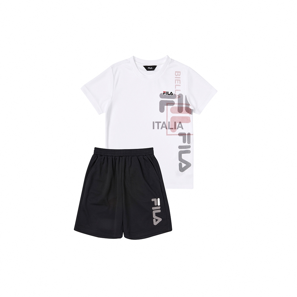 FILA KIDS 童舒適休閒運動套裝 上衣+短褲-白色 1WTY-4910-WT