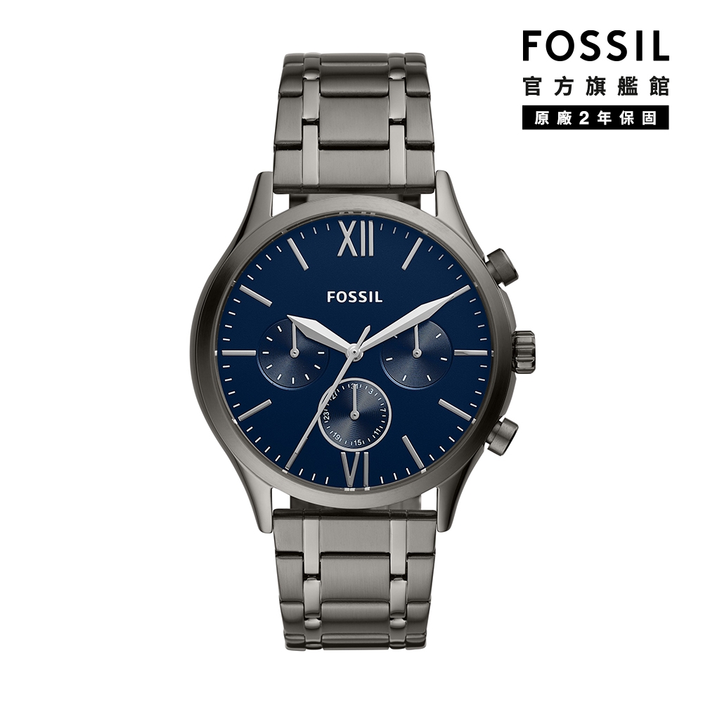 FOSSIL Fenmore Midsize 三眼系列簡約美型手錶 鐵灰色不鏽鋼鍊帶 44MM BQ2401