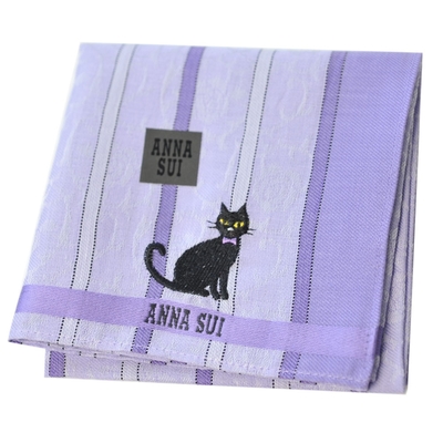 ANNA SUI 優雅蔓藤浮水印直紋可愛黑貓品牌字母LOGO刺繡帕領巾(紫色系)