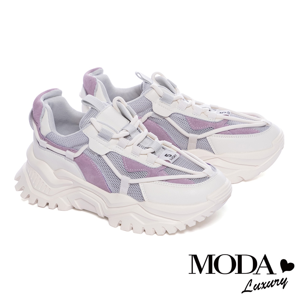 休閒鞋 MODA Luxury 甜美運動風異材質牛皮老爹厚底休閒鞋－灰
