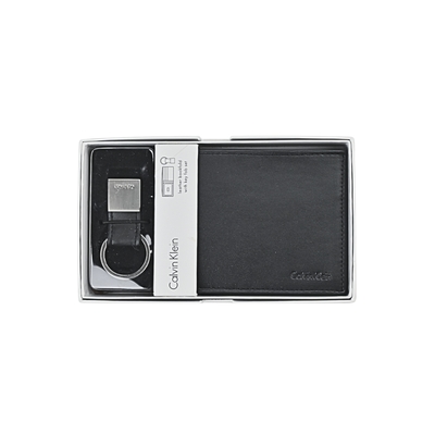 Calvin Klein 黑色真皮短夾+鑰匙圈禮盒組 (展示品-微脫皮)