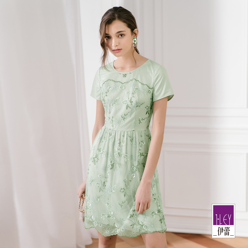 ILEY伊蕾 雙色花朵刺繡蕾絲洋裝(綠)