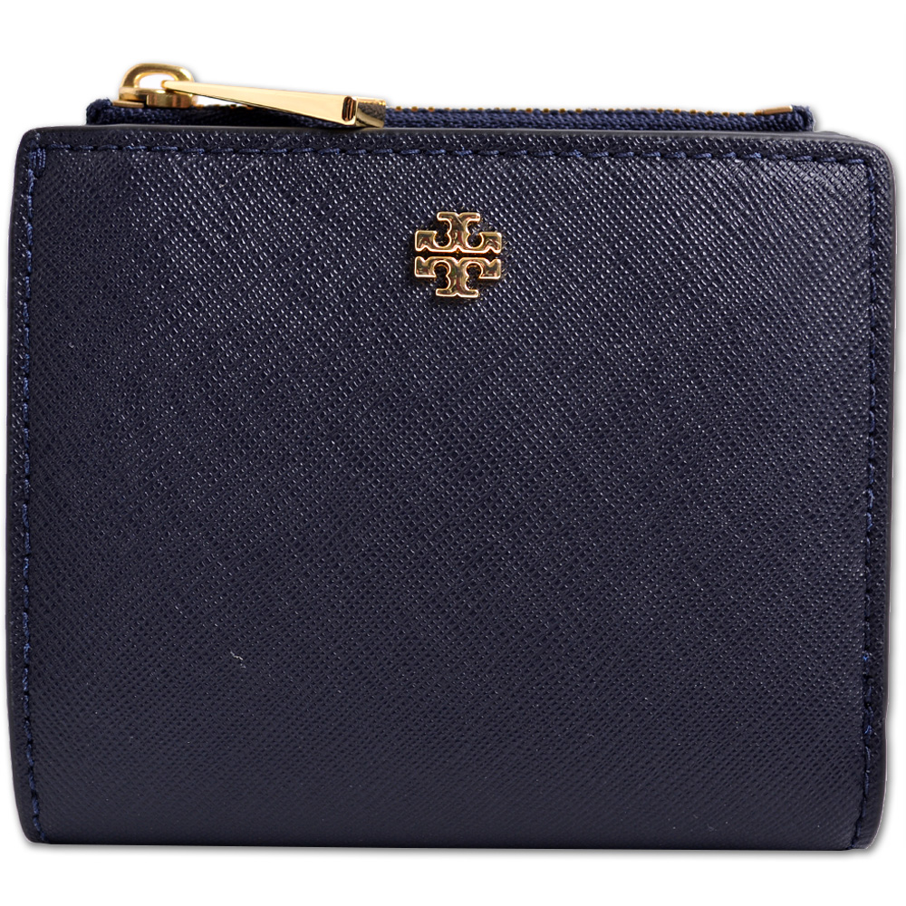 TORY BURCH EMERSON 經典立體雙T LOGO防刮牛皮對折釦式短夾-藏藍色