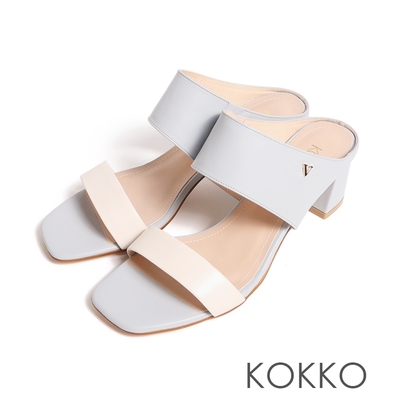 KOKKO寬版造型柔軟羊皮粗跟涼鞋灰藍色