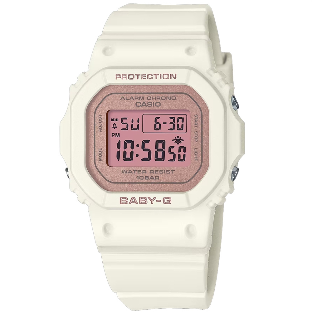 Baby-G CASIO 卡西歐 春日色調 計時碼錶 鬧鈴 防水 橡膠手錶-櫻花粉x白/38mm