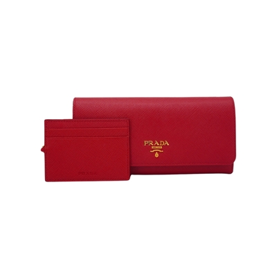 二手品 Prada Saffiano 金logo扣式牛皮翻蓋長夾-附票卡夾(紅)